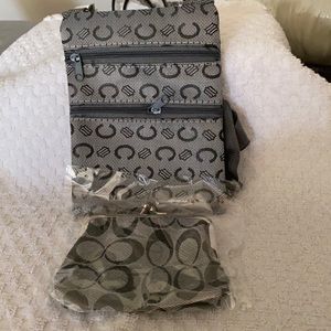 Small cloth crossbody handbag with coin purse and crossbody has 2 zippers